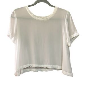 Lacausa sheer cropped asymmetrical hem short sleeve overlay top